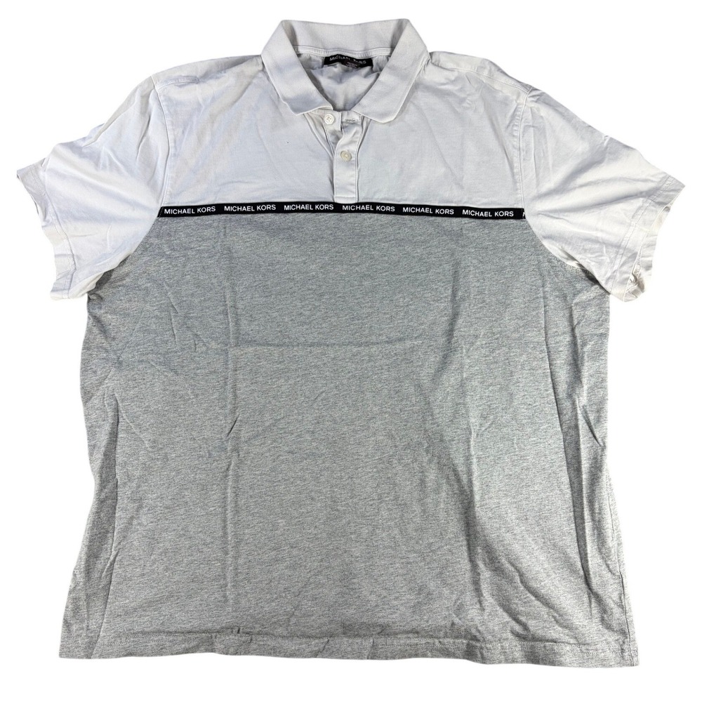 Michael Lors Polo‎ Shirt Mens XL Gray White Colorblock Logo Trim Short Sleeve